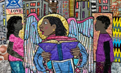 Allan Rohan Crite & Susan Thompson Singing Angel Wearing Blue Robe Applique quilt with hand printed and dyed fabric 45"h x42"w 2025 Image courtesy of the artists